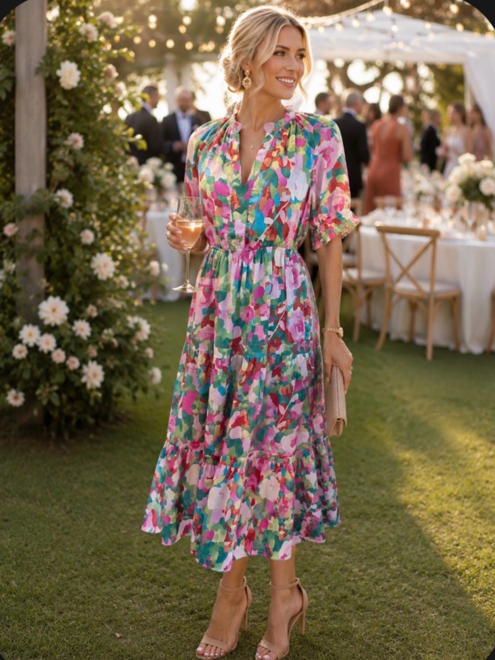 NWT Womens THML Getaway Maxi Pink & Green Floral Tiered Dress, size Small, NWT